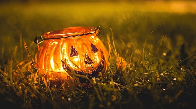 Glowing pumpkin in grass